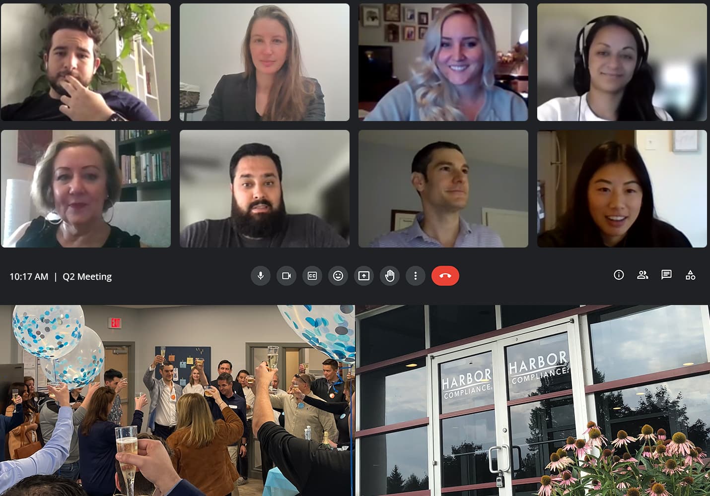 A collage of images featuring our employees over zoom and celebrating at a party.