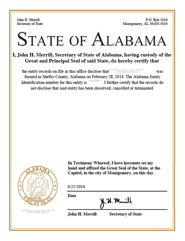 Alabama certificate of good standing, Alabama certificate of existence, Alabama certificate of status, Alabama 