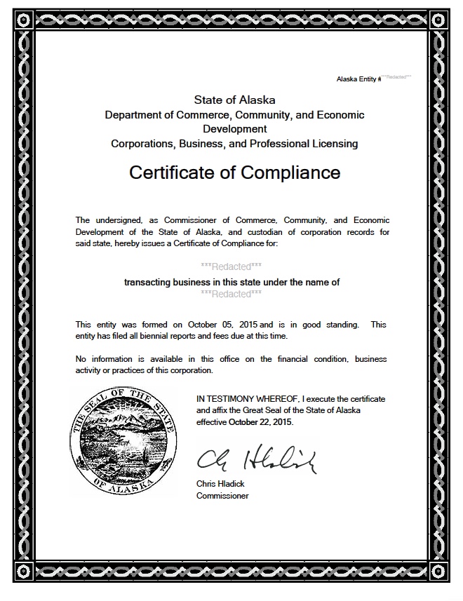 Alaska certificate of good standing, Alaska certificate of existence, Alaska certificate of status, Alaska 