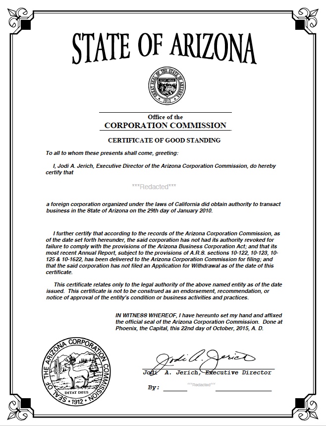 Arizona certificate of good standing, Arizona certificate of existence, Arizona certificate of status, Arizona 