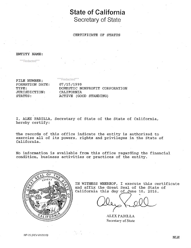 California certificate of good standing, California certificate of existence, California certificate of status, California 