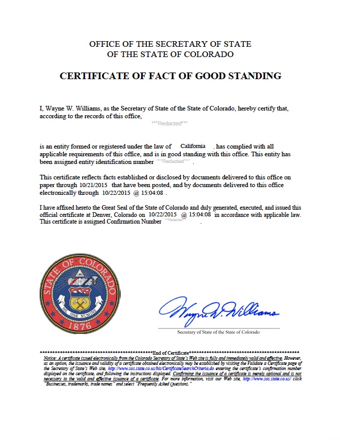 Colorado certificate of good standing, Colorado certificate of existence, Colorado certificate of status, Colorado 