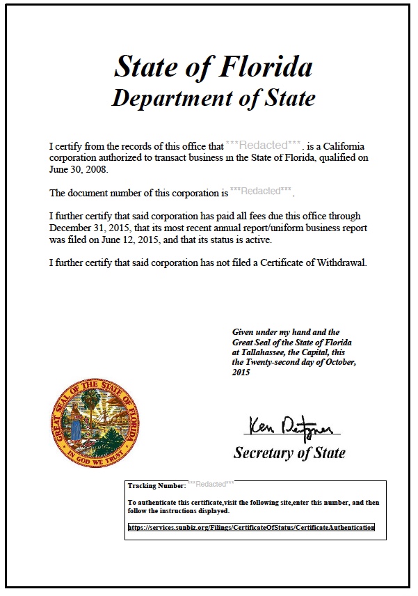 Florida certificate of good standing, Florida certificate of existence, Florida certificate of status, Florida 