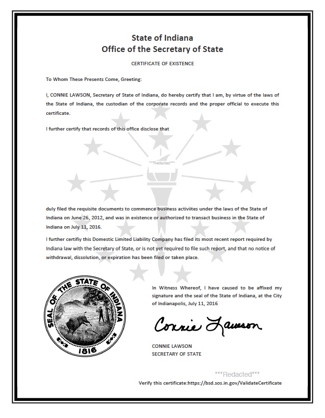 Indiana certificate of good standing, Indiana certificate of existence, Indiana certificate of status, Indiana 