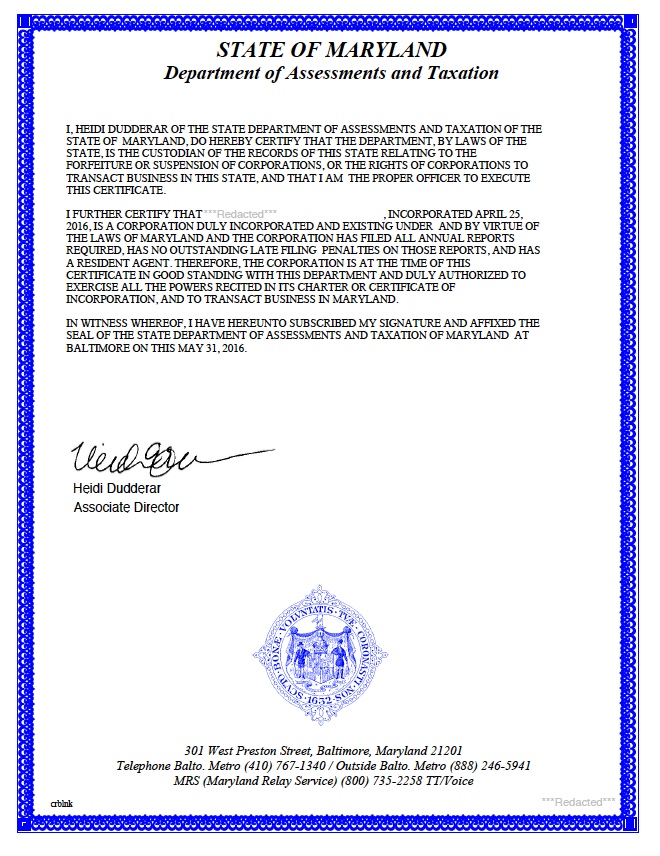 Maryland certificate of good standing, Maryland certificate of existence, Maryland certificate of status, Maryland 