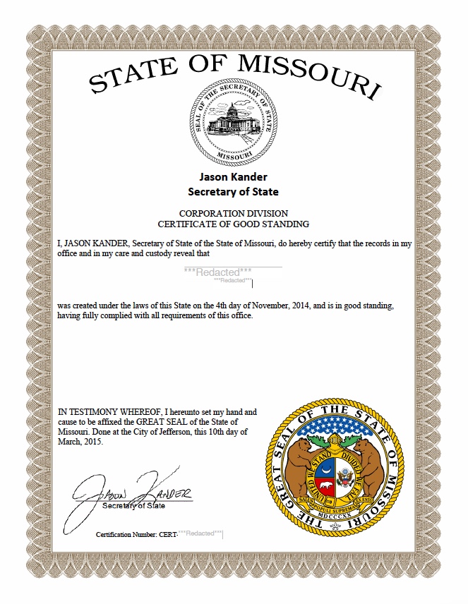 Missouri certificate of good standing, Missouri certificate of existence, Missouri certificate of status, Missouri 