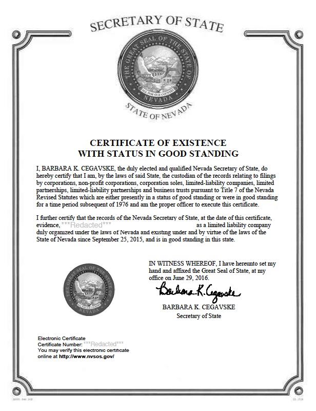 Nevada certificate of good standing, Nevada certificate of existence, Nevada certificate of status, Nevada 