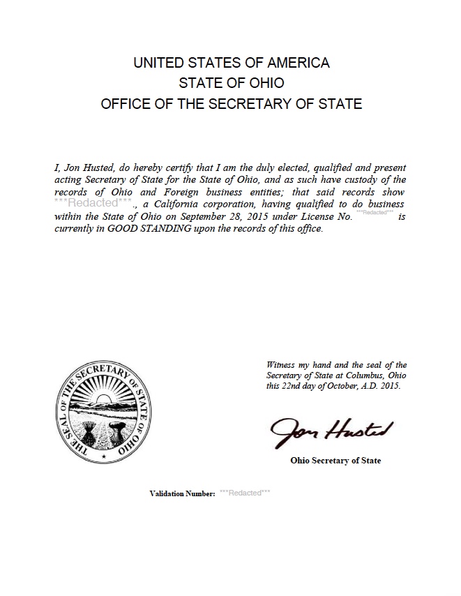 Ohio certificate of good standing, Ohio certificate of existence, Ohio certificate of status, Ohio 