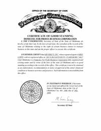 Oklahoma certificate of good standing, Oklahoma certificate of existence, Oklahoma certificate of status, Oklahoma 