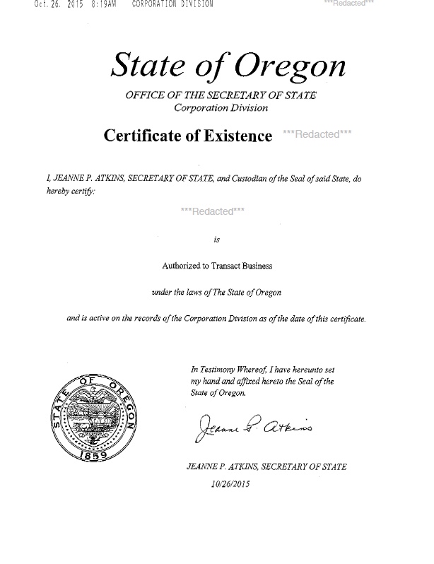 Oregon certificate of good standing, Oregon certificate of existence, Oregon certificate of status, Oregon 