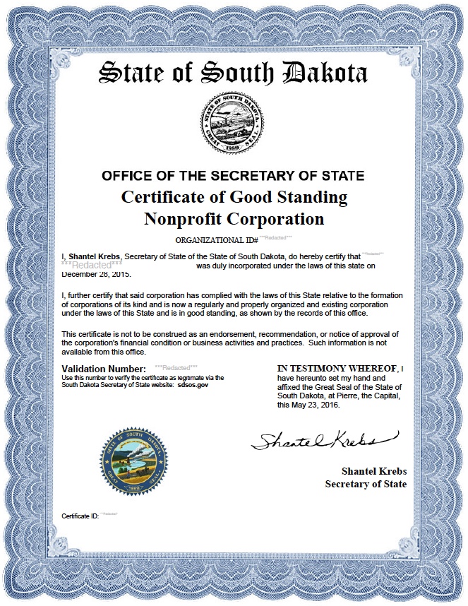 South Dakota certificate of good standing, South Dakota certificate of existence, South Dakota certificate of status, South Dakota 
