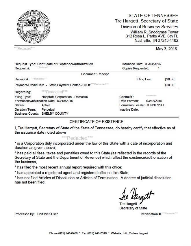 Tennessee certificate of good standing, Tennessee certificate of existence, Tennessee certificate of status, Tennessee 