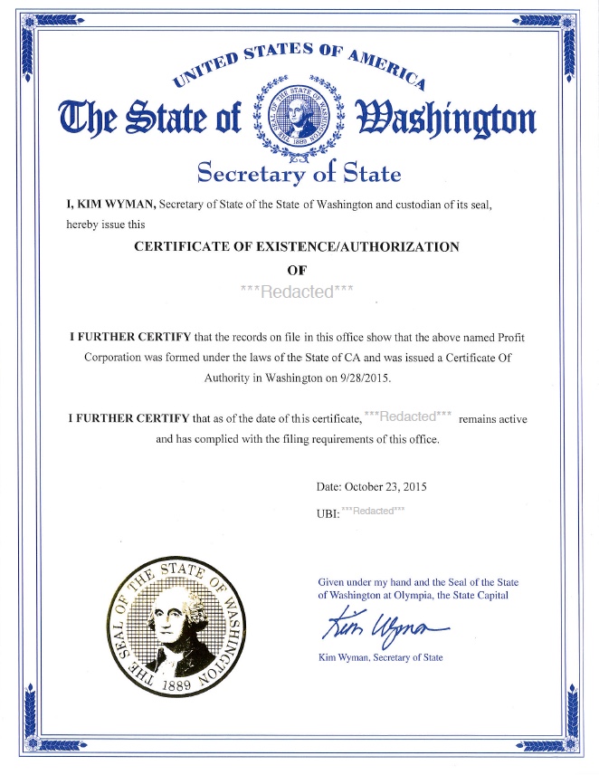 Washington certificate of good standing, Washington certificate of existence, Washington certificate of status, Washington 
