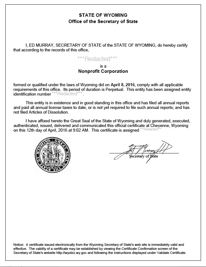 Wyoming certificate of good standing, Wyoming certificate of existence, Wyoming certificate of status, Wyoming 
