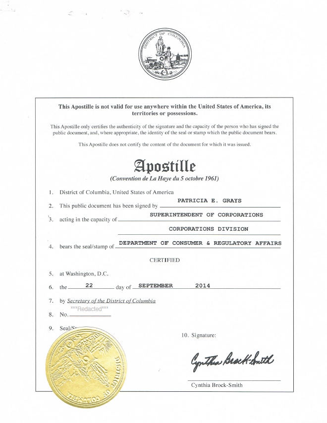 Washington D.C. certified copy example