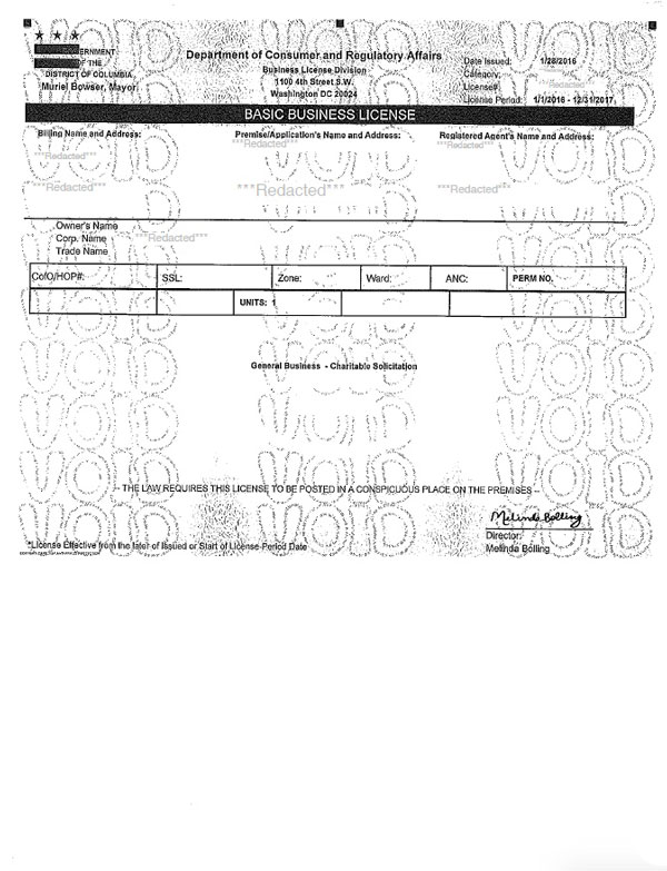 Washington D.C. charitable solicitation license, Washington D.C. fundraising license