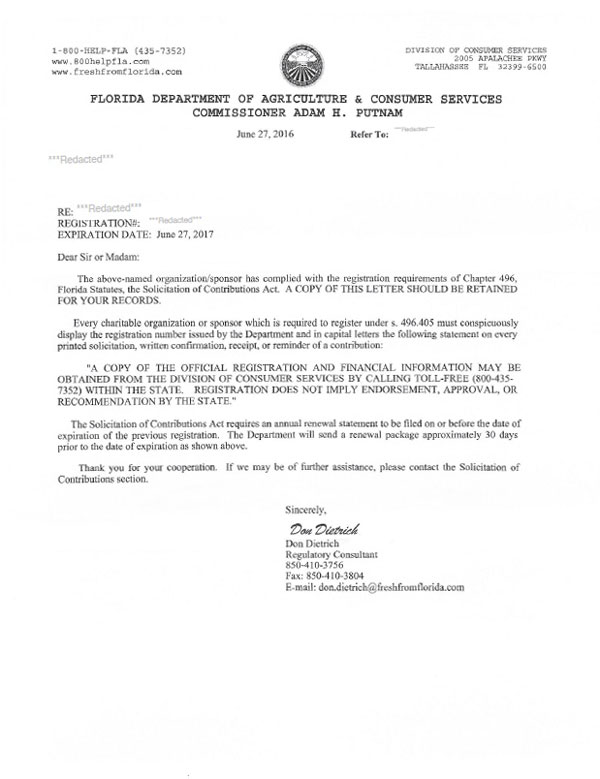 Florida charitable solicitation license, Florida fundraising license
