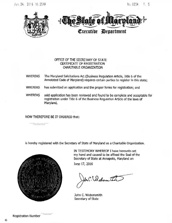 Maryland charitable solicitation license, Maryland fundraising license