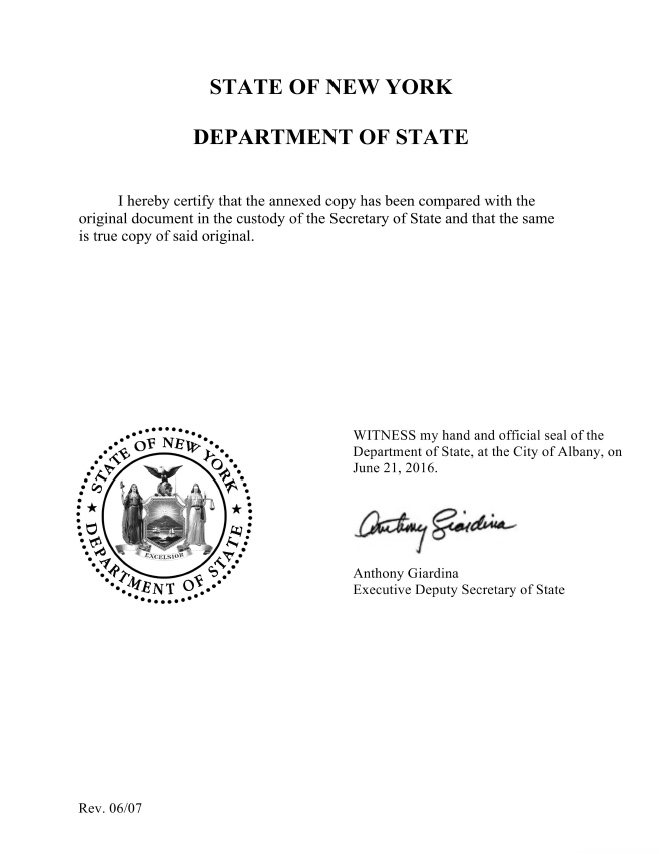 New York certified copy example