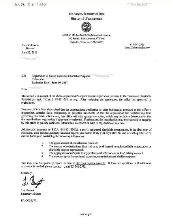 Tennessee charitable solicitation license, Tennessee fundraising license