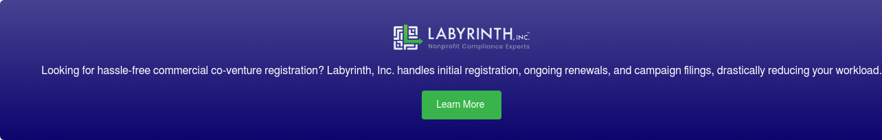 Looking for hassle-free commercial co-venture registration? Labyrinth, Inc.  handles initial
                 registration, ongoing renewals, and campaign filings,  drastically reducing your workload. Learn More