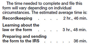 A table of estimated filing time for IRS Form 8832.