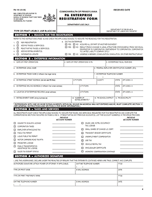 A preview of a PA Enterprise Registration Form.